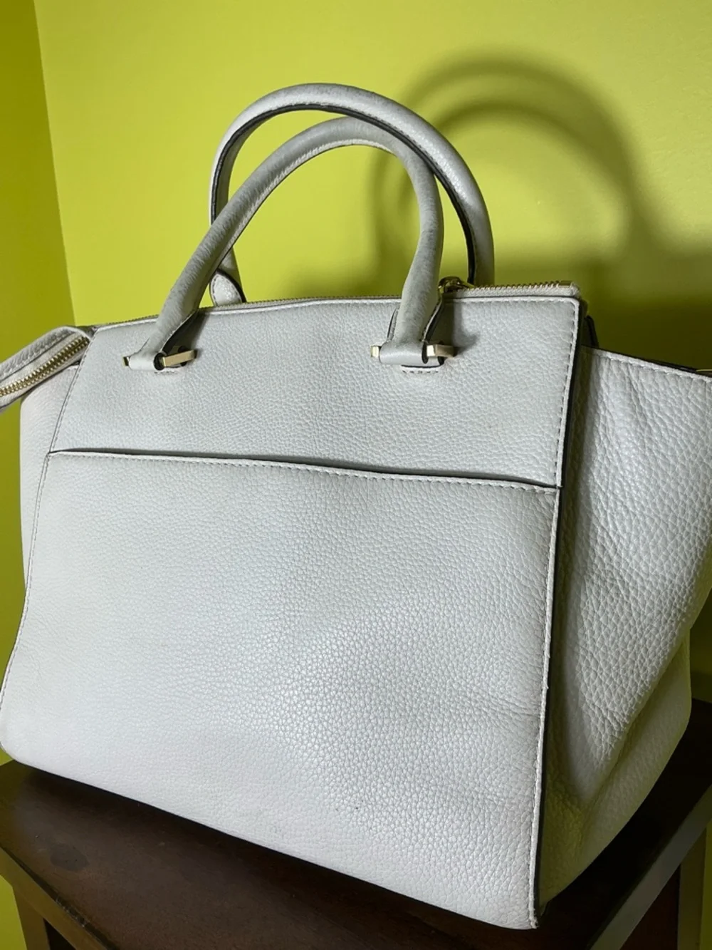 Michael Kors White Leather Satchel with Gold MK Medallion